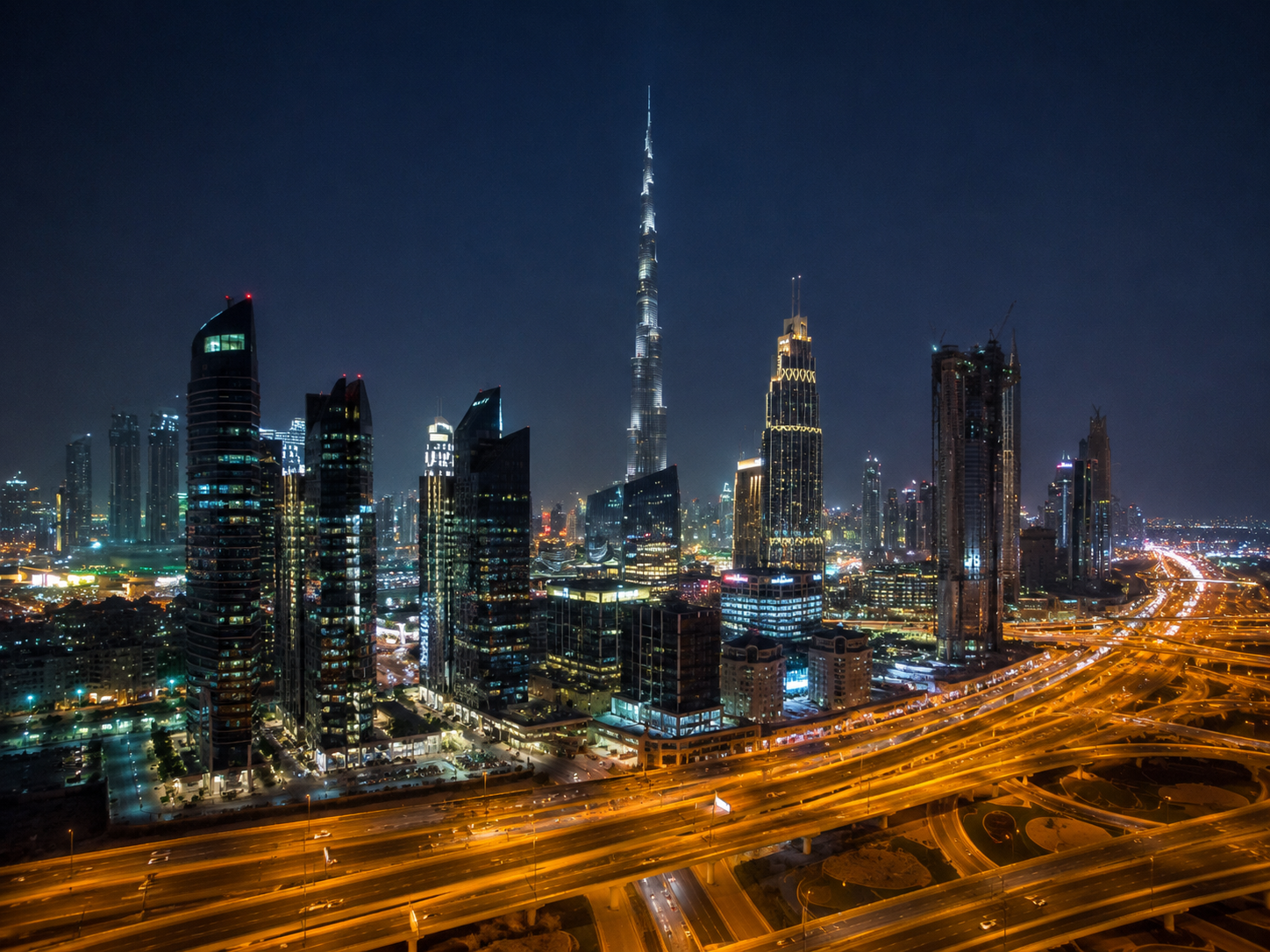 Dubai skyline at night with the Burj Khalifa